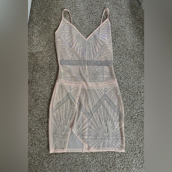 NUDE RHINESTONE MINI DRESS - Picture 2 of 5
